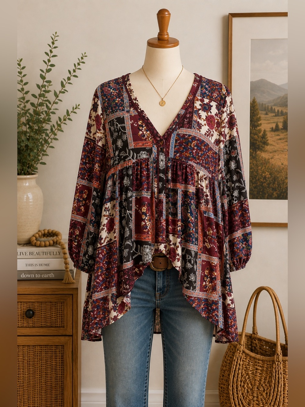 Kate & Sam Women’s Boho Patchwork Floral Peasant Tunic Top Burgundy Multicolor M